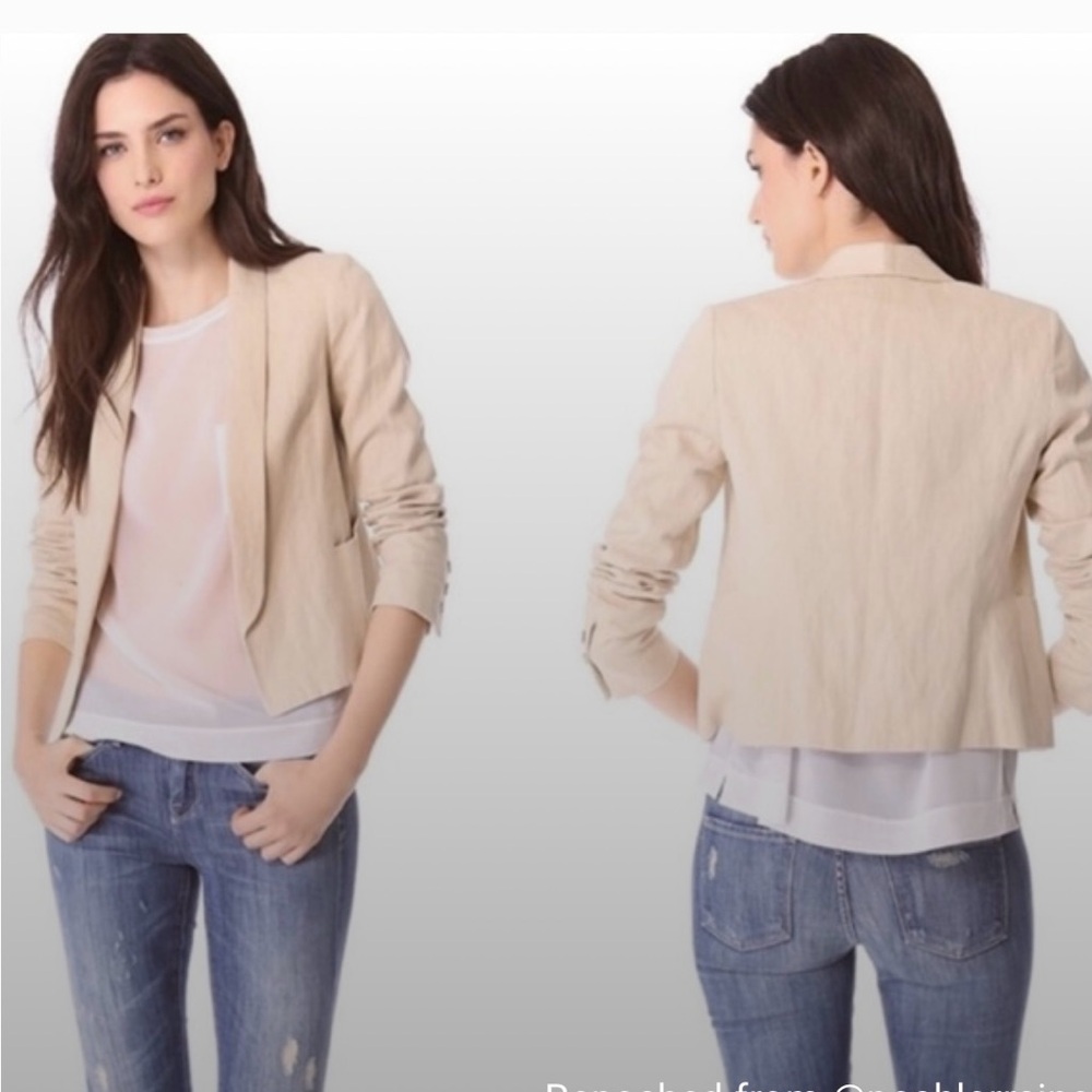 Vince Linen Blend Rustic Open Front Blazer Cropped Oatmeal Beige Size 10 - Picture 3 of 8